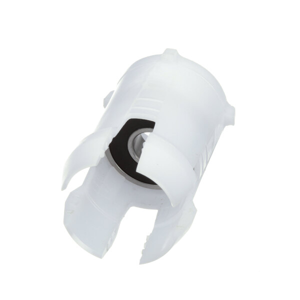 A white plastic Electrolux bearing clip with a hole in it.