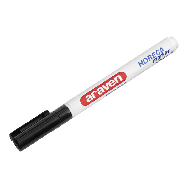 An Araven black marker with red and blue writing on it.