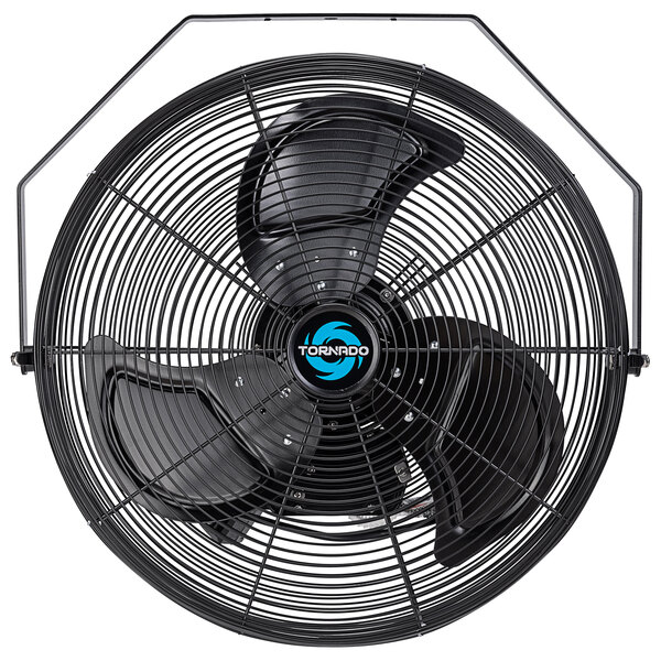 A black Tornado high-velocity metal wall fan.